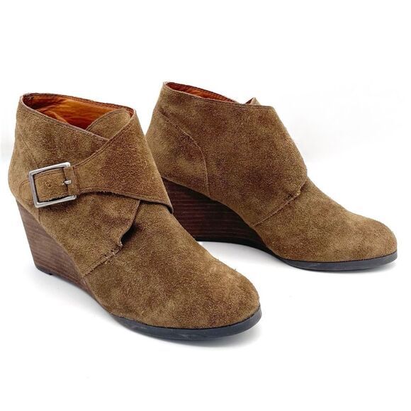 Lucky Brand Sumarah Cognac Brown Suede Buckled Monk Strap Wedge Bootie Size 8 - Picture 2 of 16
